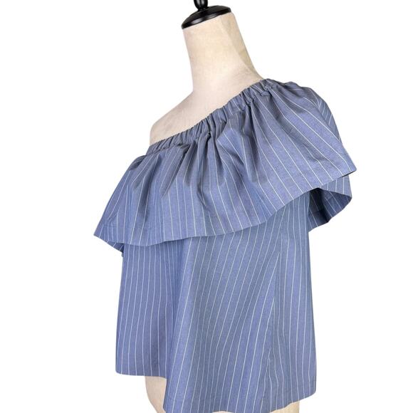 Koch Blue Pinstripe One Shoulder Ruffle Blouse Top Matching Shorts Two Piece Set - Picture 6 of 11
